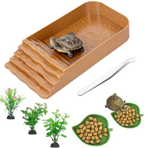 3 PCS Reptile Water Dish with Climbing Ramp Leaf Reptile Water Bowl Amphibians Habitat Yellow Tortoise Food Bowl for Turtle Gecko Bearded Dragon Lizard (Yellowish-Brown) - color: faint yellow