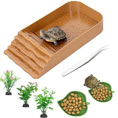 3 PCS Reptile Water Dish with Climbing Ramp Leaf Reptile Water Bowl Amphibians Habitat Yellow Tortoise Food Bowl for Turtle Gecko Bearded Dragon Lizard (Yellowish-Brown) - color: faint yellow
