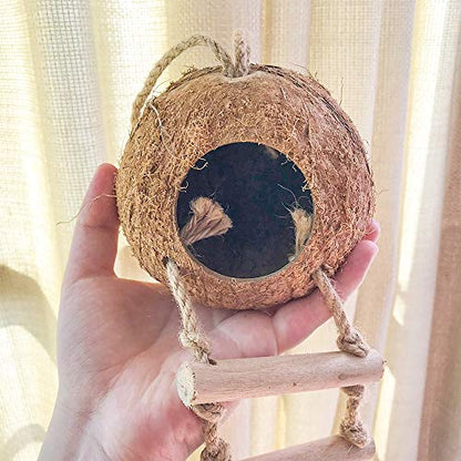 Bird Hides Coconut Nest with Wood Ladder,Syrian Hamster Cage Hanging Natural Coco Shell Hut Hide Toy with Wooden Bridge,Hollow Hideaway Toys for Small Animal Rat Lovebird Finches - size: 1PCS 22.04x13.38in