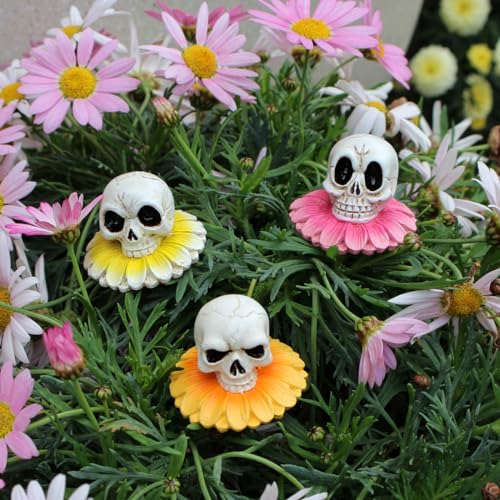 Resin Daisy Flower Skull Head Statue Plant Stakes Set of 3, Skull Garden Plant Accessories, Decorative Plant Picks, Indoor Outdoor Halloween Planter Pot Decorations Bonsai Crafts