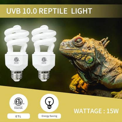 LUCKY HERP 2 Pack UVA UVB Reptile Light, 15W 10.0 UVB Bulb for Desert Reptiles, Compact Fluorescent Terrarium Lamp, Reptile UVB Bulb for Bearded Dragon, Lizard, Tortoise - size: 15&10.0