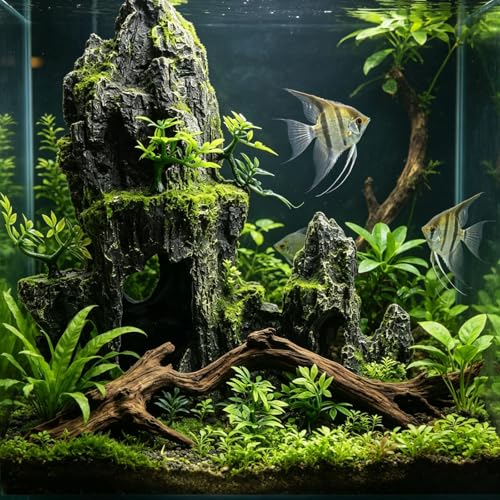 Saim Large Aquarium Mountain View Stone 11.02" Tall Resin Cave Ornament – Betta Hideout with Artificial Plants, for Cichlids Goldfish, Multi-Cave Aquascape Fish Tank Accessories