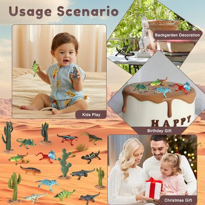 EOIVSH Desert Animal Figurines, 17pcs Model Trees Cactus Kit with Lizard Figures for Kids Toddlers, Reptile Toy Playset for Diorama Project Cake Topper Decorations