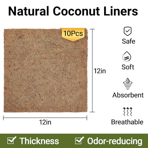 ZeeDix 10 Pcs Reptile Carpet, 12X12 inch Natural Coconut Fiber Liner Mat Flooring Accessories for Reptile Tank - Bearded Dragon Tortoise Lizard Turtle Snake Leopard Gecko Substrate Bedding - size: 10 Pcs (12X12in)