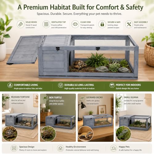 Wooden Tortoise Enclosure with Hideaway, Mesh Top and Clear Panels, Gray, 35.75" x 23.75" x 12.5", Indoor & Outdoor