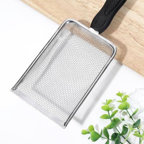 Stainless Steel Mesh Litter Shovel, Metal Non-Slip Black Handle Sifter, Fine Mesh Reptile Cleaner Scooper for Lizard Substrate, Reptile Terrarium Sand & Waste