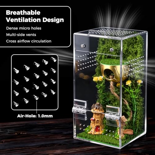 Jumping Spider Enclosure, Escape-Proof Transparent Acrylic Habitat with Magnetic Door, All-Side Ventilation Arboreal Tarantula Crib, Clear Reptile Tank for Praying Mantis & Insects, 3.5x3.5x7 in