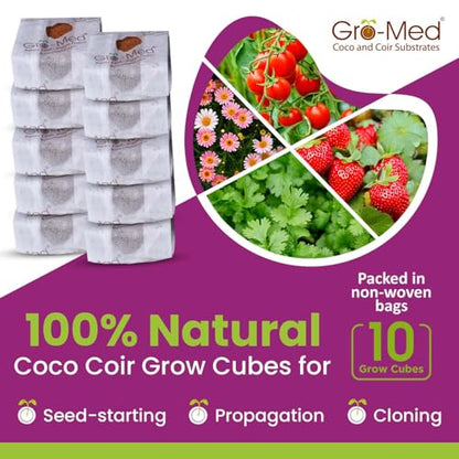 Gro-Med Coco Coir Seed Starter Cubes NPK Enriched for Herbs, Flowers, Vegetables organic Coco 4 Inch Plugs Perfect for Cloning, Cuttings, Propagation - 10 Cubes- Best Alternative to Peatmoss, Rockwool - size: Seed Starter Cubes Pack of 10