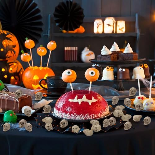 Vellibring 50pcs Halloween Mini Skull Decoration,Miniature Realistic Resin Skeleton Head Halloween Skull Heads Figurine for Vase Filler Trick Toy Party Table Decor