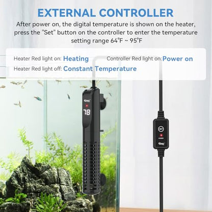 hygger Ceramic Submersible Aquarium Heater, New Explosion-Proof Fish Tank Water Heater with External Temp Controller Auto Thermostat Heater for Saltwater Freshwater (100W for 5~20 Gallon) - size: 100W for 5~20 gallon