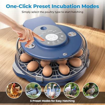 15 Egg Incubator for Hatching Eggs, 5 Preset Incubation Modes + 1 Custom Mode with Adjustable Temperature & Humidity Control, Automatic Egg Turning for Duck, Chicken, Goose, Pigeon & Quail
