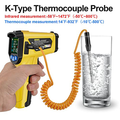 Infrared Thermometer Gun, TEMIRUP Non Contact Digital IR Laser Thermometer Temperature Gun with Probe for Cooking, Pizza Oven, Griddle, Humidity Measurement, Adjustable Emissivity -58°F to 1472°F - color: Yellow -58°F~1472°F (-50°C to~800°C)