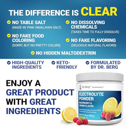 Dr. Berg Zero Sugar Hydration Keto Electrolyte Powder - Enhanced w/ 1000 mg of Potassium & Real Pink Himalayan Salt (NOT Table Salt) - Raspberry & Lemon Flavor Hydration Drink Supplement - 50 Servings
