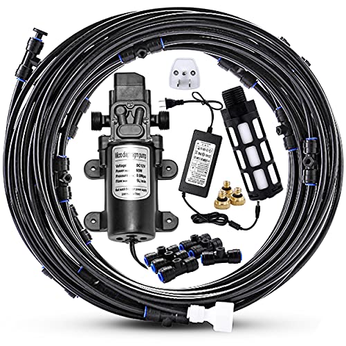 Outdoor Misting Cooling System with Pump Kit, 65.6FT(20M) Misting Line | Misting Pump with Filter, 26 Brass Mist Nozzles, 1 Brass Adapter (3/4"), 12V DC 60W 5L/Min, Self Priming Sprayer Water Pump - color: (02) 20M Misting Line