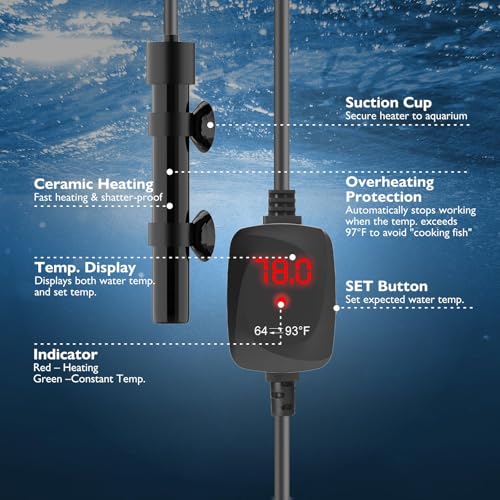 25W Mini Aquarium Heater Betta Heater for 3-5 Gallon Freshwater & Saltwater Tanks, Alumina Ceramic Fish Tank Heater Turtle Heater with Dry-Run & Overheat Protection - size: For Tanks ≤ 5 Gal