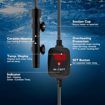 25W Mini Aquarium Heater Betta Heater for 3-5 Gallon Freshwater & Saltwater Tanks, Alumina Ceramic Fish Tank Heater Turtle Heater with Dry-Run & Overheat Protection - size: For Tanks ≤ 5 Gal