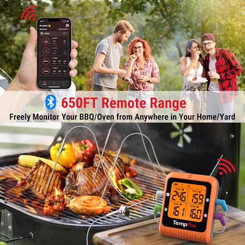 TempPro 650 ft Bluetooth Meat Thermometer with 4 Color-Coded Probes, Wireless Meat Thermometer Digital Wireless with Timer, Utensils Rechargeable for Smoker Oven, Cooking Gift for Dad Him Husband - style: 4 Probes