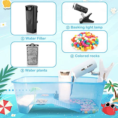 Turtle Tank with Multi-Function Areas, Easy Assembly, Ideal for Small Turtles & Reptiles, Includes Plastic Tree & Fishing Net - color: blue+pump light