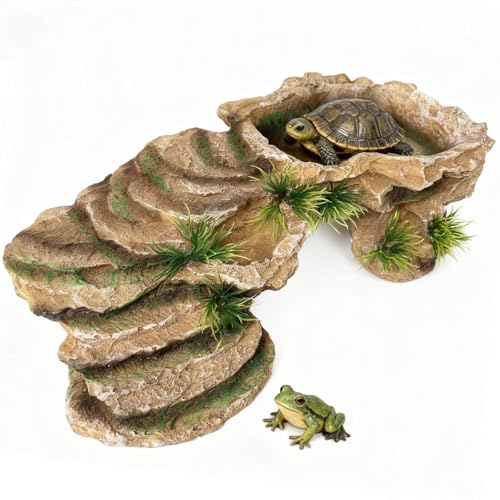 Reptile Hide Cave and Turtle Basking Platform - Resin Decor for Aquarium & Terrarium, Multi-Level Resting Rock and Shelter for Turtles, Lizards, Frogs, Geckos, Snakes and Amphibians – Large - color: Turtle Basking Platform A