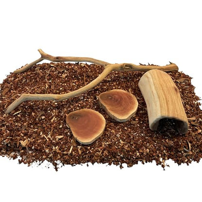 Reptile Habitat Decor Set for Bearded Dragons, Geckos & Lizards – Natural Manzanita Branch, Hollow Log Hide, 2 Slices & 4qt Substrate by MyMANZANITA