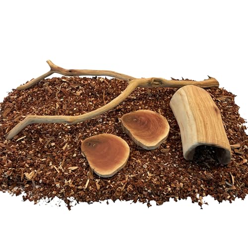 Reptile Habitat Decor Set for Bearded Dragons, Geckos & Lizards – Natural Manzanita Branch, Hollow Log Hide, 2 Slices & 4qt Substrate by MyMANZANITA