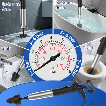 Granarbol Plungers for Bathroom, Toilet Plunger & Air Drain Blaster with Real-Time Gauge,Heavy Duty Toilet Auger & Drain Snake, Clog Remover Tool for Toilets, Sinks, Floor Drains (Black) - color: Black