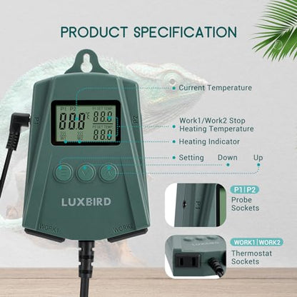 Luxbird Reptile Heating Pad 8x12 Inch with Dual Output Reptile Thermostat LB-2SC Combo Set Under Tank Terrarium Heating Mat for Turtles, Lizards, Frogs, and Other Reptiles