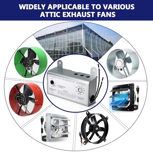 Hiorucet Attic Fan with Thermostat Humidistat Controller, Adjustable Temperature Humidity Controller for Workshops Greenhouses Garages, Attic Ventilator Fan Thermostat Humidistat Control Box