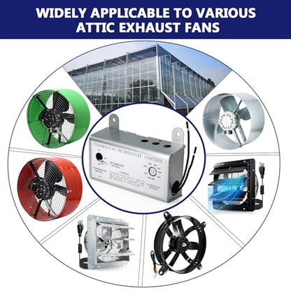 Hiorucet Attic Fan with Thermostat Humidistat Controller, Adjustable Temperature Humidity Controller for Workshops Greenhouses Garages, Attic Ventilator Fan Thermostat Humidistat Control Box