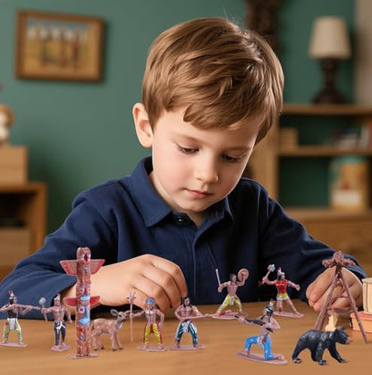 31Pcs Native American Village Playset, Assorted Indigenous People Figures with Tepee, Totem Pole, Fence, Trees, Animals, Tribal Cultural History Educational School Project Toys for Kids - style: Native