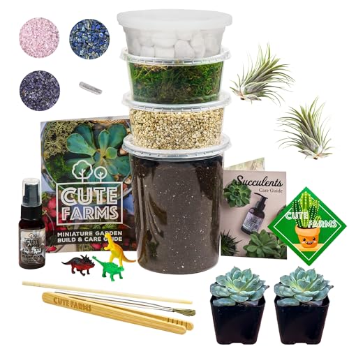 Cute Farms Terrarium Starter Kit | Moss, Vermiculite, Soil, Pebbles, Plant Food, & Finishing Tools (Large Kit + Live Plants + Crystals) - size: Large Kit + Live Plants + Crystals
