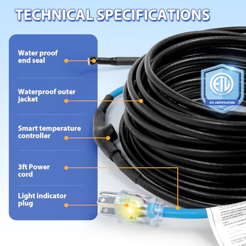 Heat Tape for Pipes Self-Regulating Heating Cable,Heat Trace for Pipes, Energy-Saving Pipe Freeze Protection ETL Certified Outside Heater 120V 60FT - style: 60-feet