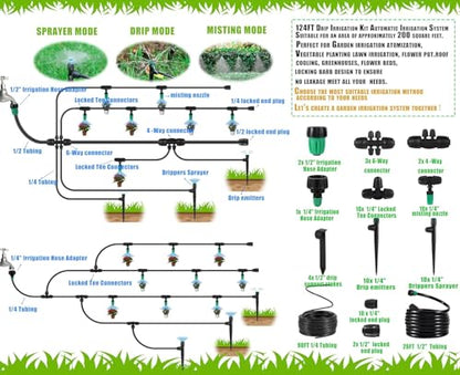 Leak-Proof Drip Irrigation Kit,Quick Connect Irrigation System, Lock Barbed Garden Watering System with 1/4 inch 1/2 inch Irrigation Tubing Hose for Garden,Raised Garden Bed, Lawn - size: Complete Drip Irrigation Kit