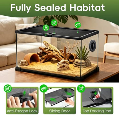 10 Gallon Reptile Terrarium Glass Kit 20" x 12" x 10" Starter Habitat for Tarantula, Succulents, Frogs, Gecko, Snake or Hermit Crabs, Tank with Escape-Proof Locking Lid - size: 10 gallon