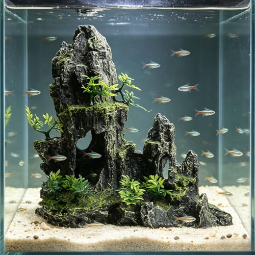 Saim Large Aquarium Mountain View Stone 11.02" Tall Resin Cave Ornament – Betta Hideout with Artificial Plants, for Cichlids Goldfish, Multi-Cave Aquascape Fish Tank Accessories