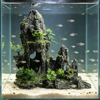 Saim Large Aquarium Mountain View Stone 11.02" Tall Resin Cave Ornament – Betta Hideout with Artificial Plants, for Cichlids Goldfish, Multi-Cave Aquascape Fish Tank Accessories