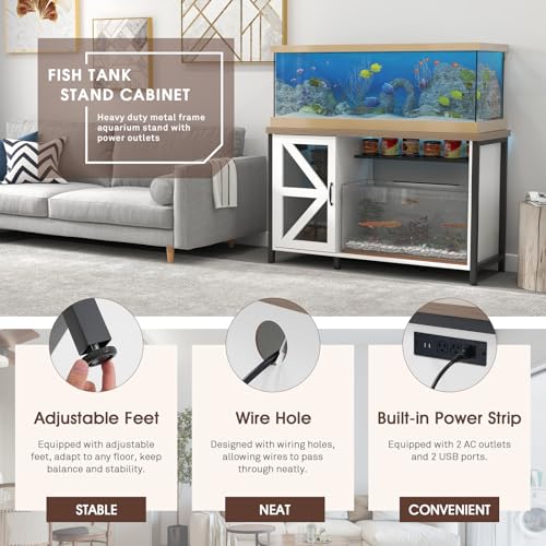 OC Orange-Casual 55-75 Gallon Aquarium Stand with LED Lighting & Power Outlets - Heavy Duty Metal Fish Tank Cabinet with Adjustable Shelves, 1000LB Capacity (White) - color: White