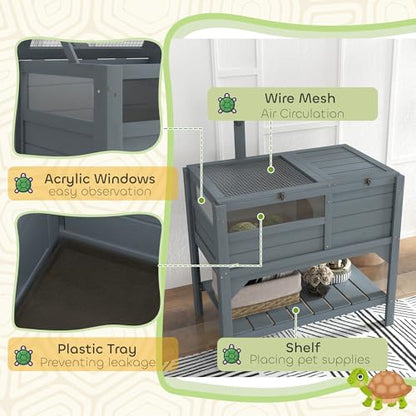 PawHut Tortoise Habitat with Shelf Storage, Reptile Enclosure with Tray, Light Support Frame, Gray - color: Gray
