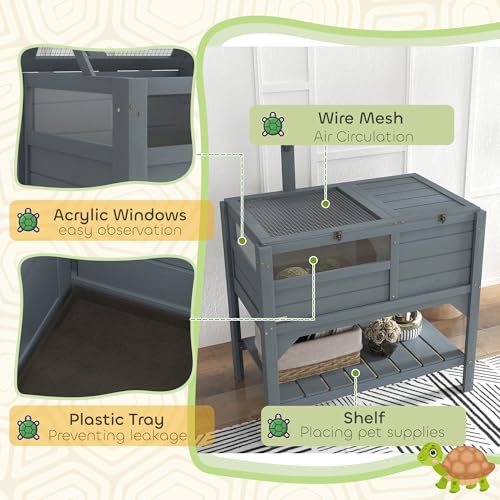 PawHut Tortoise Habitat with Shelf Storage, Reptile Enclosure with Tray, Light Support Frame, Gray - color: Gray