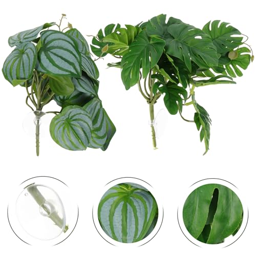 DOITOOL Artificial Reptile Plants Leaves 2pcs Set with Suction Cup Realistic Simulation Terrarium Decor for Reptile Tank Habitat 23 Watermelon Leaves for Snake Lizard Amphibian Enclosure