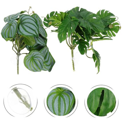 DOITOOL Artificial Reptile Plants Leaves 2pcs Set with Suction Cup Realistic Simulation Terrarium Decor for Reptile Tank Habitat 23 Watermelon Leaves for Snake Lizard Amphibian Enclosure
