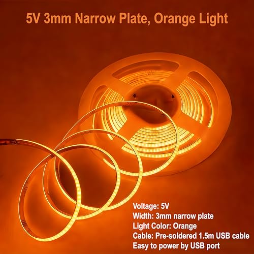 Ultra-Narrow 3mm USB COB LED Strip Self-Adhesive Cabinet Desk Bedroom Light (Yellow, 5ft) - color: Yellow, size: 5ft
