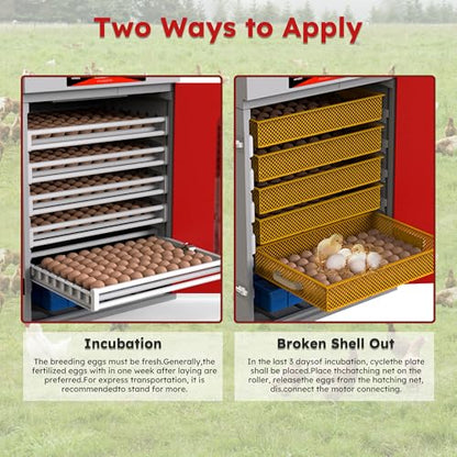 Commercial Digital Egg Incubator, 400-Egg Capacity, 360° Auto-Turning System with Digital Control, Red and Gray Cabinet, Temperature and Humidity Monitoring