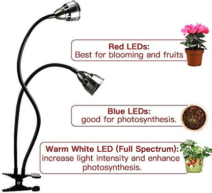 Grow Light for Indoor Plants,Full Spectrum Double Goosenecks Desk Clip Plant Lamp for Seedlings/Seeds/Succulents,Color Spectrum Changeable & Timer Setting 3H/9H/12H