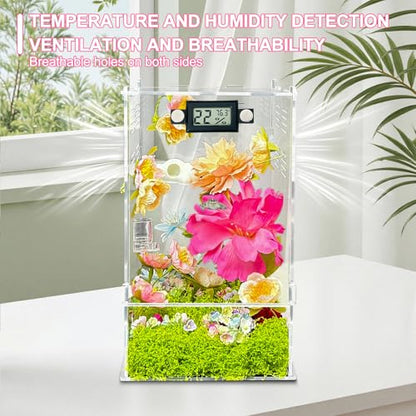 Jumping Spider Enclosure,DIY Insects Habitat,Small Reptile Terrarium Glass House Accessories Set,with Temperature and Humidity Detector Water Feeder Platform Hide,5.5“x5.5”x9.5“ (Garden) - color: Garden