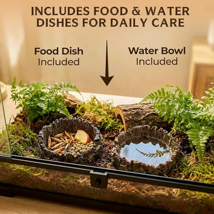 Reptile Starter Kit with Hideouts & Tank Decor - 4-Piece Set for Snakes, Leopard Geckos & Lizards, Reptile & Amphibian Habitat Hideouts with Cave, Log & Food and Water Dishes