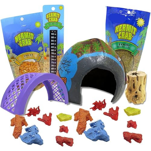 Needzo DIY Hermit Crab Habitat Starter Kit with Choya Wood, Coral Pieces, Large Coconut Hut, Crossing Bridge, Thermometer, Food Pouch, and Treat Pouch, All in One Pet Supplies, 7 Items