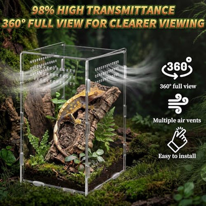 Hushee 2 Pcs Acrylic Jumping Spider Enclosure, 360° Clear Ventilated Reptile Terrarium View, Easy Assembly Secure Pet Habitat, Perfect for Mantis, Frog, Tarantula, Gecko and Small Reptiles