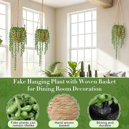 Giegxin Summer Mini Hanging Artificial Plant with Woven Basket Boho Fake Plants Ivy Faux Vines Eucalyptus Leaf for Indoor Home Wall Shelf Decor(6 Set,Green,Hanging Plant Basket) - size: Hanging Plant Basket