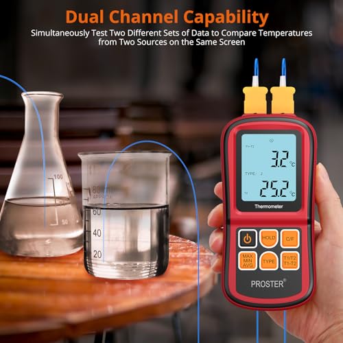 Proster Digital Thermocouple Temperature Thermometer Dual Channel - with Two K-Type Thermocouple Probe, Backlight LCD Thermometer for K J T E R S N Type